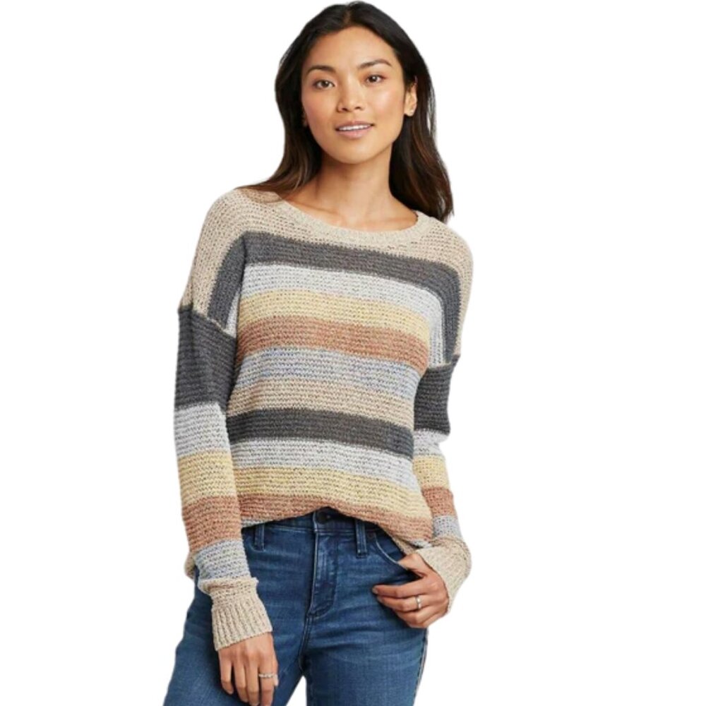 Knox Rose Multicolor Striped Crewneck Sweater — Beige, Gray, Yellow, Rust